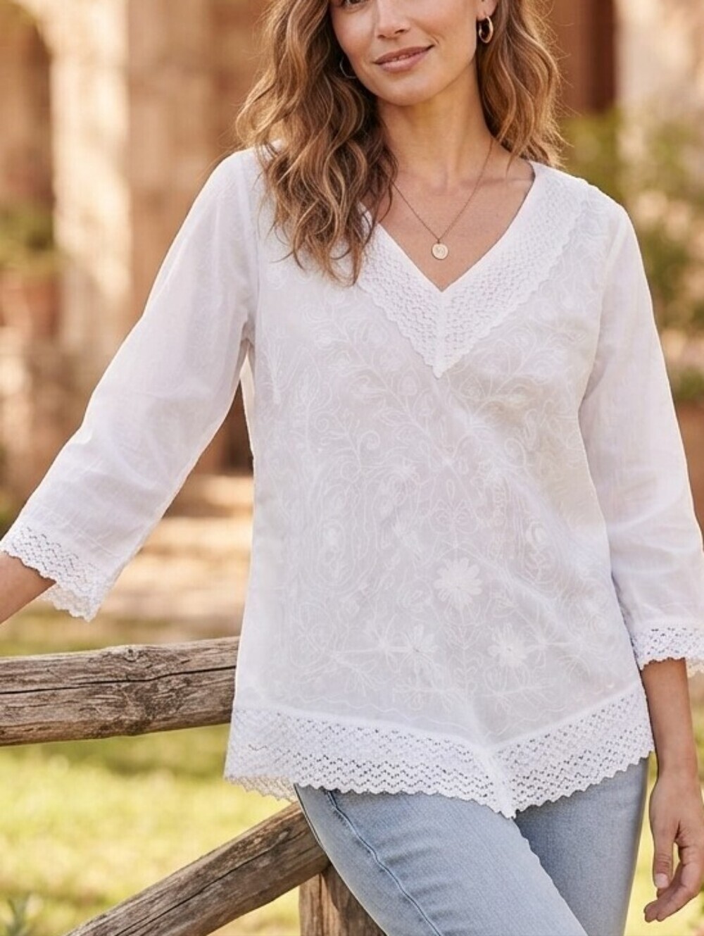 Shubham White Embroidered Cotton & Viscose Boho Blouse - Size Large
